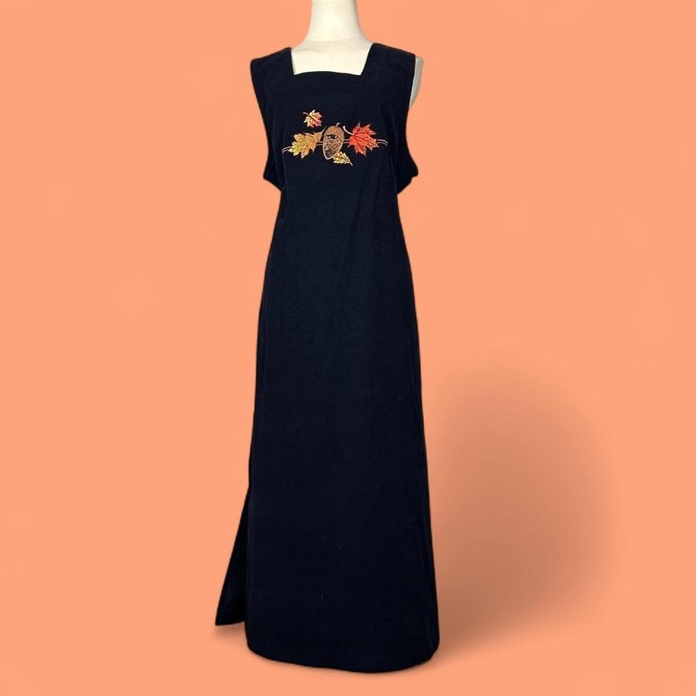 Vintage Navy Blue Cotton Corduroy Autumn Fall Embroidered Jumper Dress Womens 2X